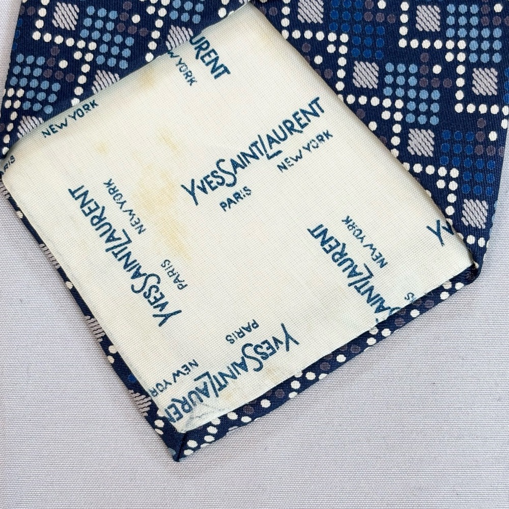 Vintage Yves Saint Laurent Silk Necktie Blue Geometric Print 1980s - Picture 6 of 8